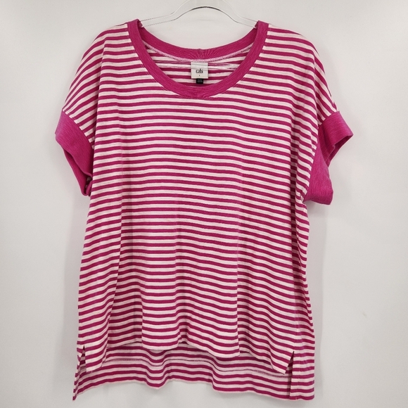 Cabi Backyard Tee Womens Size Large Short Sleeve Pink White Striped - Picture 1 of 6